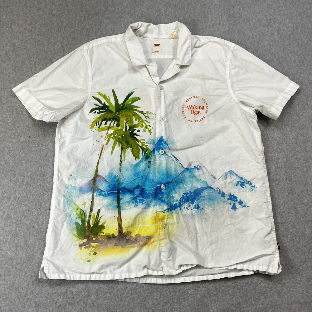 Levis Sunset Camp Shirt Mens Large Waking Rest White Short Sleeve Hawaiian